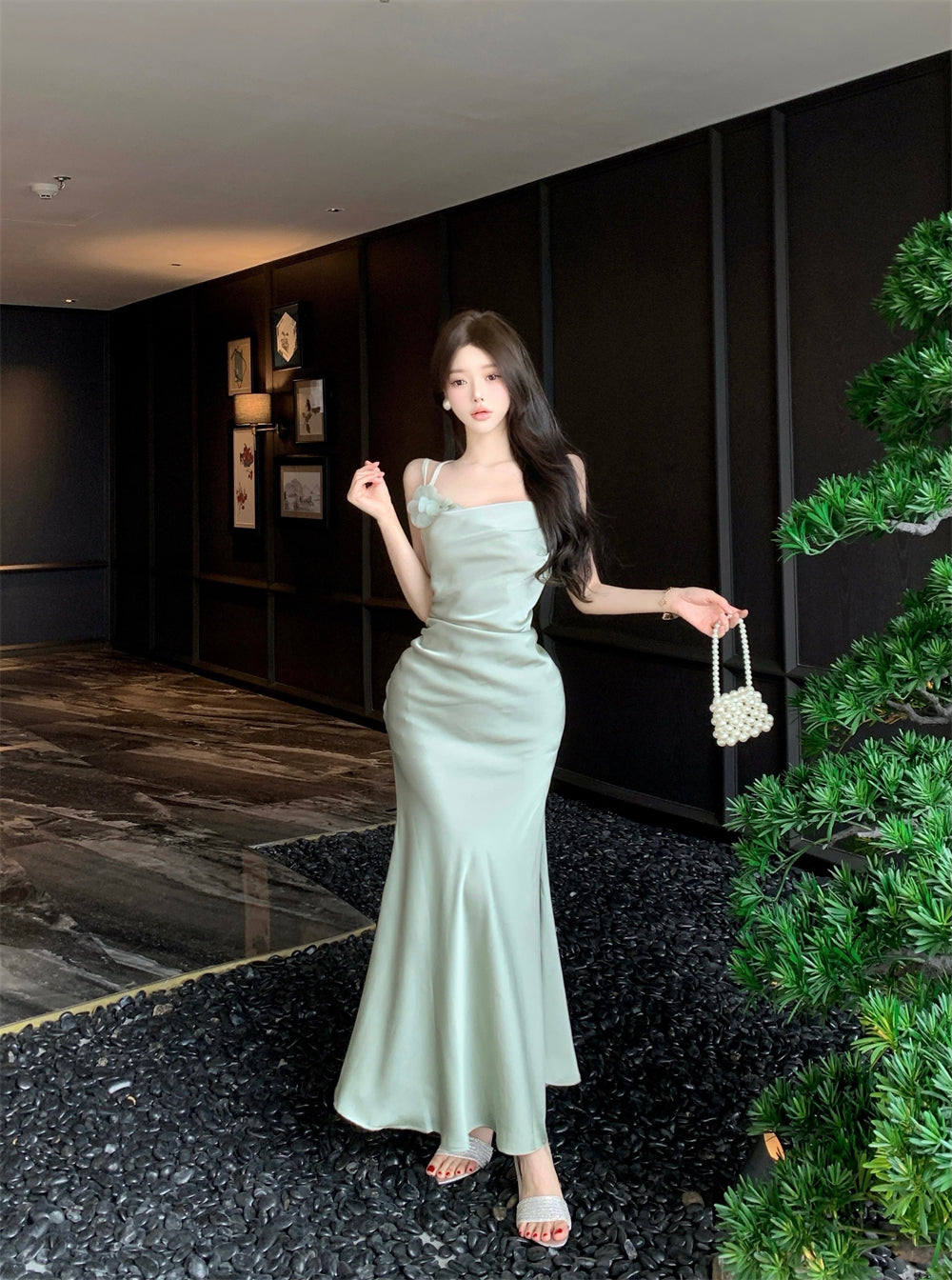 Romantic Light Mint Green 3D Flower Accent Maxi Dress Chic Cowl Neck Spaghetti Straps Crisscross Back Mermiad Long Dress AP1966