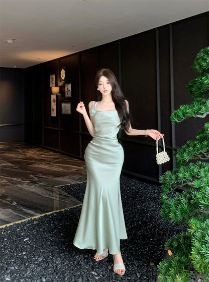 Romantic Light Mint Green 3D Flower Accent Maxi Dress Chic Cowl Neck Spaghetti Straps Crisscross Back Mermiad Long Dress AP1966