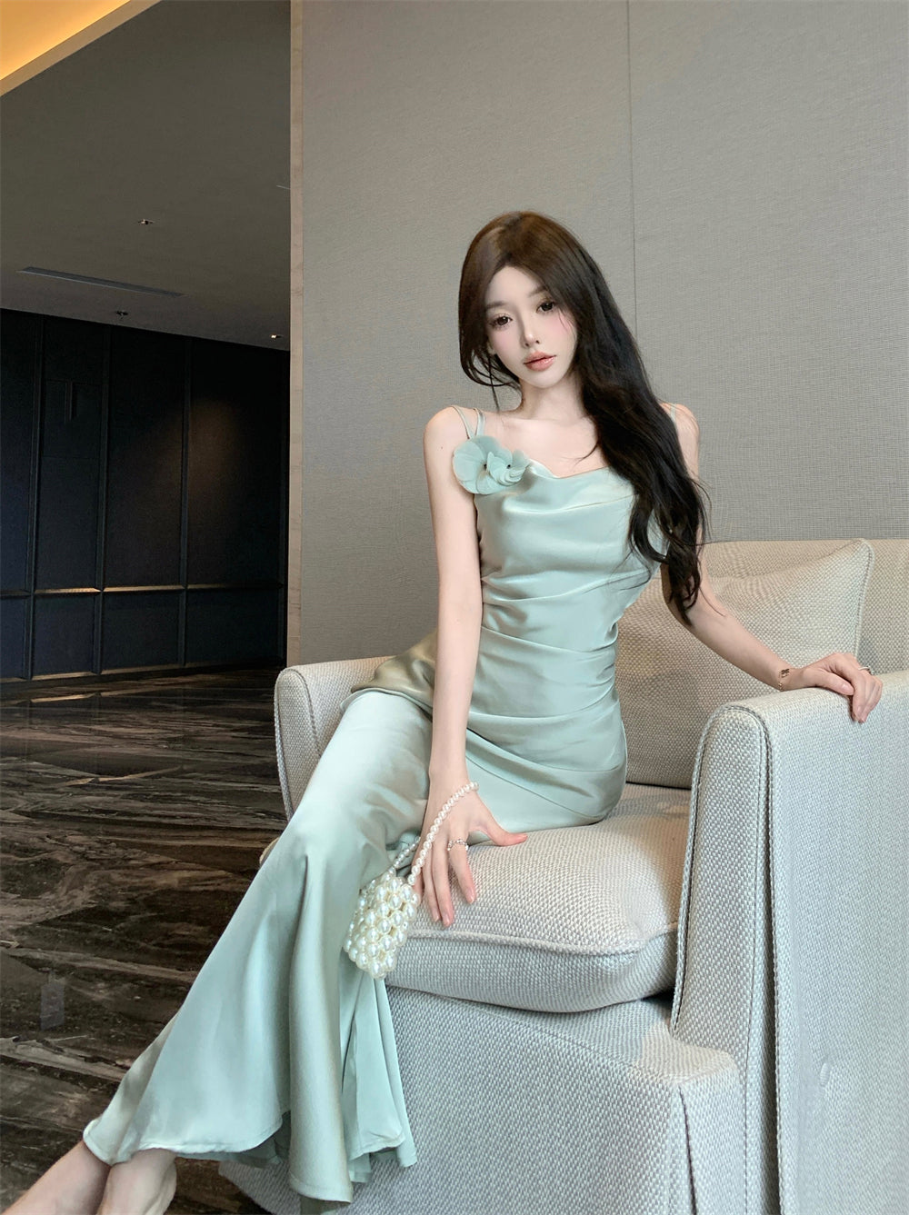 Romantic Light Mint Green 3D Flower Accent Maxi Dress Chic Cowl Neck Spaghetti Straps Crisscross Back Mermiad Long Dress AP1966