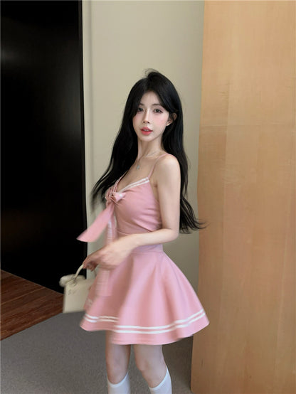 Charming Front Bow Accent Pink Spaghetti Strap Mini Dress Hot Girls White Trim A-Line Short Dress AP1967