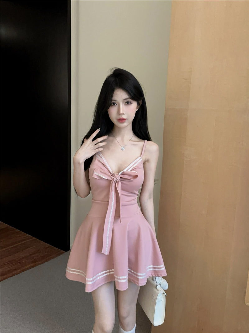 Charming Front Bow Accent Pink Spaghetti Strap Mini Dress Hot Girls White Trim A-Line Short Dress AP1967