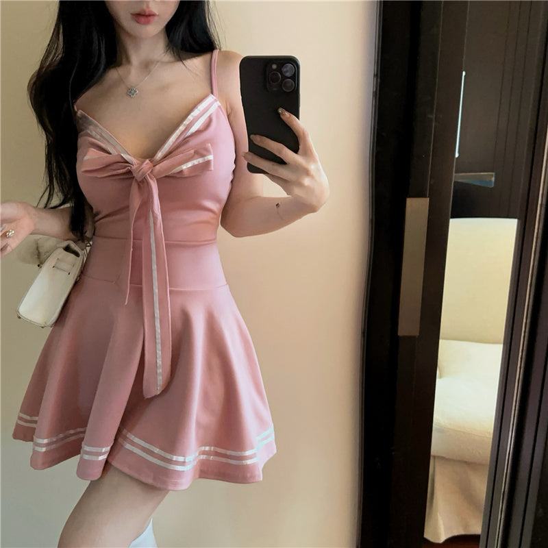Charming Front Bow Accent Pink Spaghetti Strap Mini Dress Hot Girls White Trim A-Line Short Dress AP1967