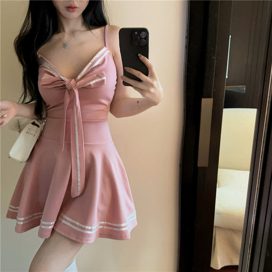 Charming Front Bow Accent Pink Spaghetti Strap Mini Dress Hot Girls White Trim A-Line Short Dress AP1967