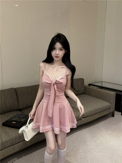 Charming Front Bow Accent Pink Spaghetti Strap Mini Dress Hot Girls White Trim A-Line Short Dress AP1967