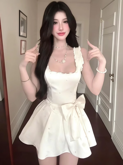 French-Inspired Cream Large Bow Ruffles Trimmed Mini Dress Chic Sleeveless Pearl Accents Corset Bodice Short Dress AP1968