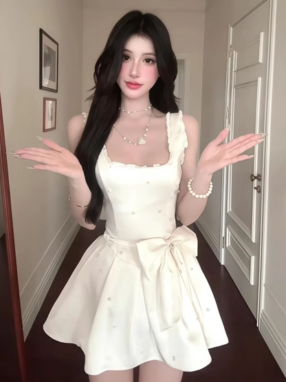 French-Inspired Cream Large Bow Ruffles Trimmed Mini Dress Chic Sleeveless Pearl Accents Corset Bodice Short Dress AP1968