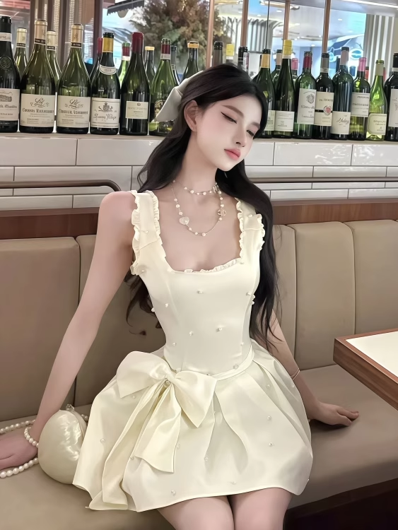French-Inspired Cream Large Bow Ruffles Trimmed Mini Dress Chic Sleeveless Pearl Accents Corset Bodice Short Dress AP1968