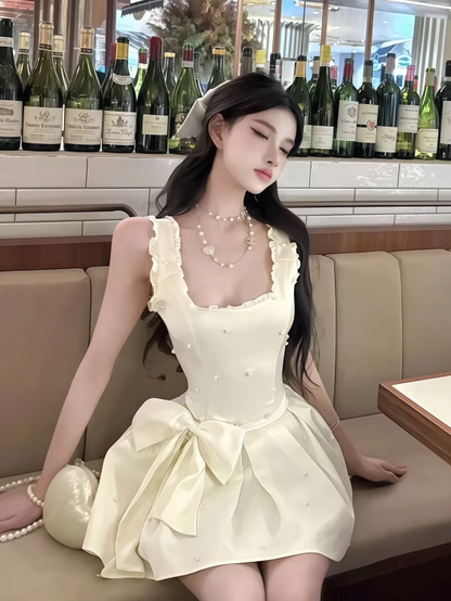 French-Inspired Cream Large Bow Ruffles Trimmed Mini Dress Chic Sleeveless Pearl Accents Corset Bodice Short Dress AP1968
