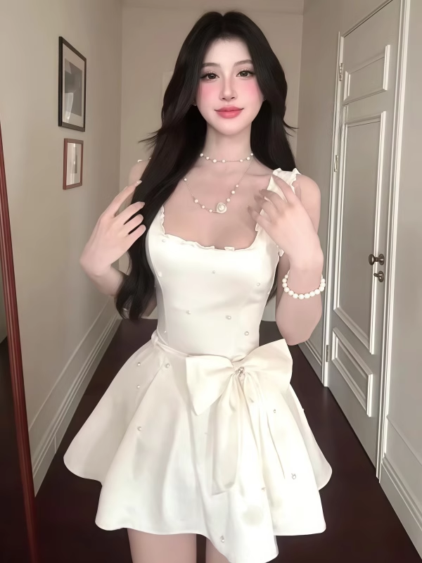 French-Inspired Cream Large Bow Ruffles Trimmed Mini Dress Chic Sleeveless Pearl Accents Corset Bodice Short Dress AP1968