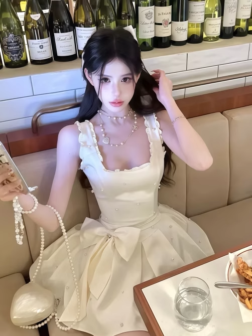 French-Inspired Cream Large Bow Ruffles Trimmed Mini Dress Chic Sleeveless Pearl Accents Corset Bodice Short Dress AP1968