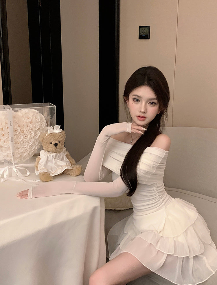 Charming Cream Off-Shoulder Two-Piece Set Tiered Cascade Tulle Mini Skirt Cute Sheer Mesh Long Sleeves Ruched Waist Short Dress AP1969