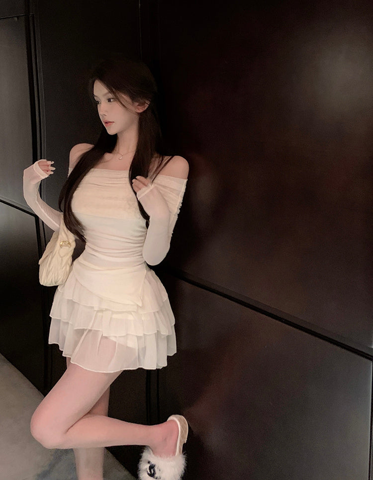 Charming Cream Off-Shoulder Two-Piece Set Tiered Cascade Tulle Mini Skirt Cute Sheer Mesh Long Sleeves Ruched Waist Short Dress AP1969