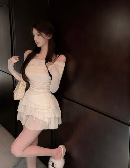 Charming Cream Off-Shoulder Two-Piece Set Tiered Cascade Tulle Mini Skirt Cute Sheer Mesh Long Sleeves Ruched Waist Short Dress AP1969