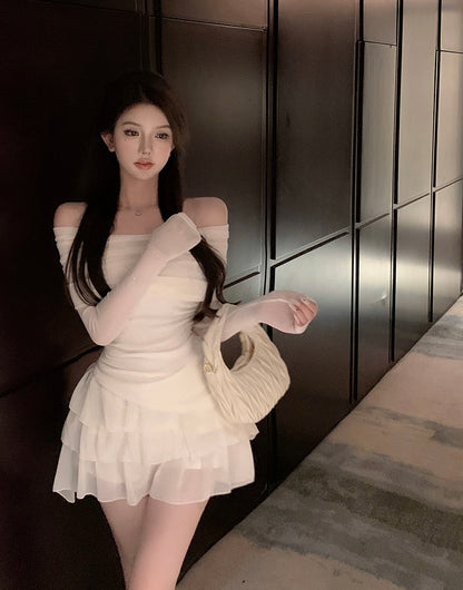 Charming Cream Off-Shoulder Two-Piece Set Tiered Cascade Tulle Mini Skirt Cute Sheer Mesh Long Sleeves Ruched Waist Short Dress AP1969