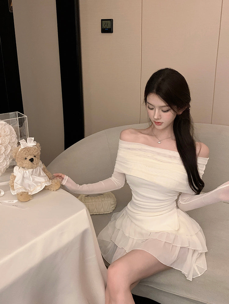 Charming Cream Off-Shoulder Two-Piece Set Tiered Cascade Tulle Mini Skirt Cute Sheer Mesh Long Sleeves Ruched Waist Short Dress AP1969