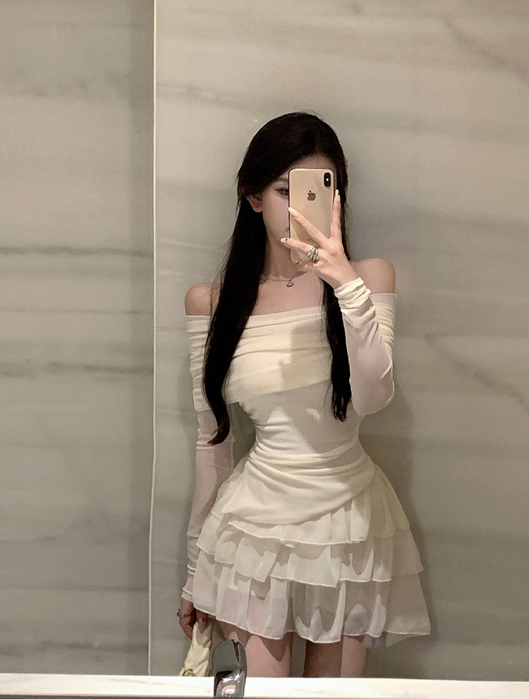 Charming Cream Off-Shoulder Two-Piece Set Tiered Cascade Tulle Mini Skirt Cute Sheer Mesh Long Sleeves Ruched Waist Short Dress AP1969