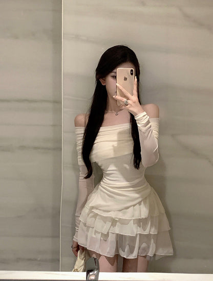 Charming Cream Off-Shoulder Two-Piece Set Tiered Cascade Tulle Mini Skirt Cute Sheer Mesh Long Sleeves Ruched Waist Short Dress AP1969
