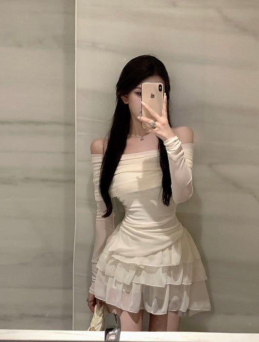 Charming Cream Off-Shoulder Two-Piece Set Tiered Cascade Tulle Mini Skirt Cute Sheer Mesh Long Sleeves Ruched Waist Short Dress AP1969