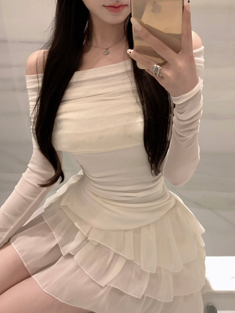 Charming Cream Off-Shoulder Two-Piece Set Tiered Cascade Tulle Mini Skirt Cute Sheer Mesh Long Sleeves Ruched Waist Short Dress AP1969