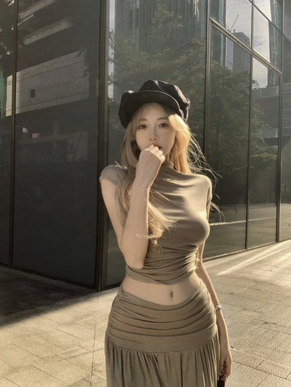 Novelty Two-Piece Set Short Sleeve A-Line Top Maxi Skirt Classical Open-Waist Ruched Long Dress AP1970