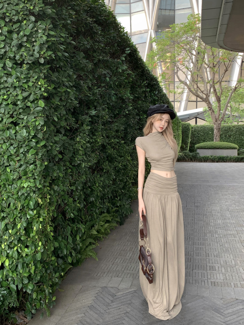 Novelty Two-Piece Set Short Sleeve A-Line Top Maxi Skirt Classical Open-Waist Ruched Long Dress AP1970