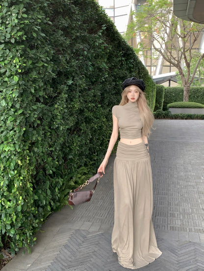 Novelty Two-Piece Set Short Sleeve A-Line Top Maxi Skirt Classical Open-Waist Ruched Long Dress AP1970