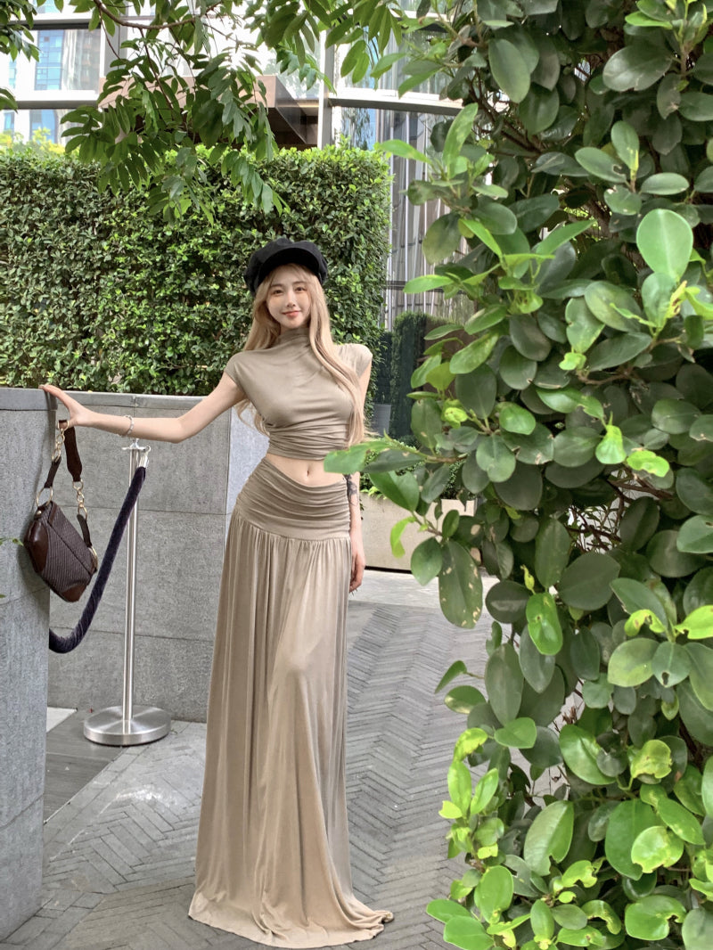 Novelty Two-Piece Set Short Sleeve A-Line Top Maxi Skirt Classical Open-Waist Ruched Long Dress AP1970