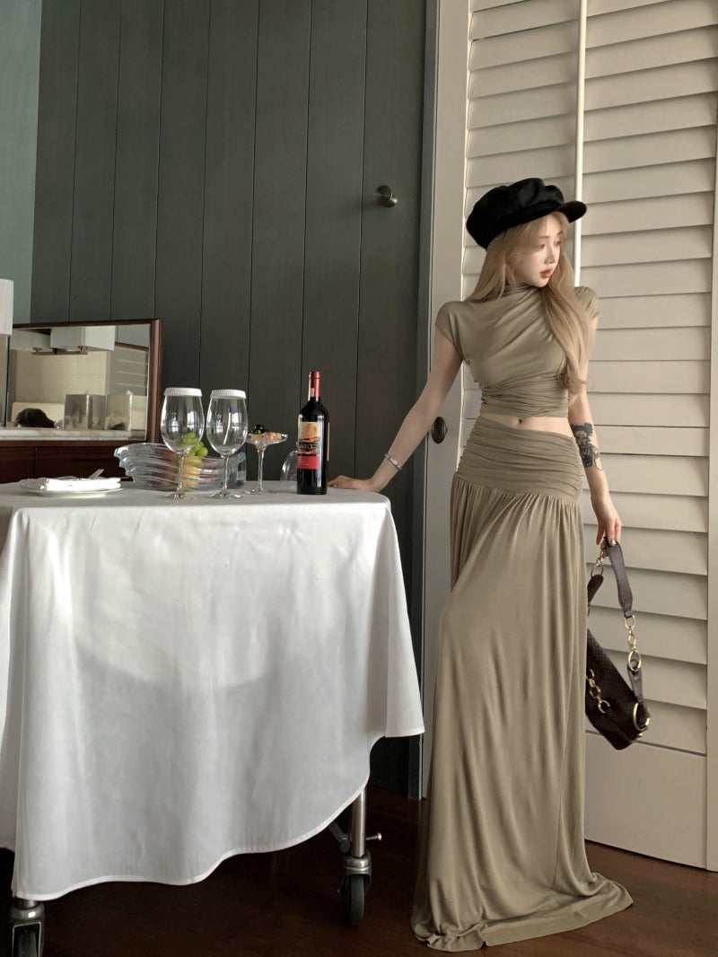 Novelty Two-Piece Set Short Sleeve A-Line Top Maxi Skirt Classical Open-Waist Ruched Long Dress AP1970