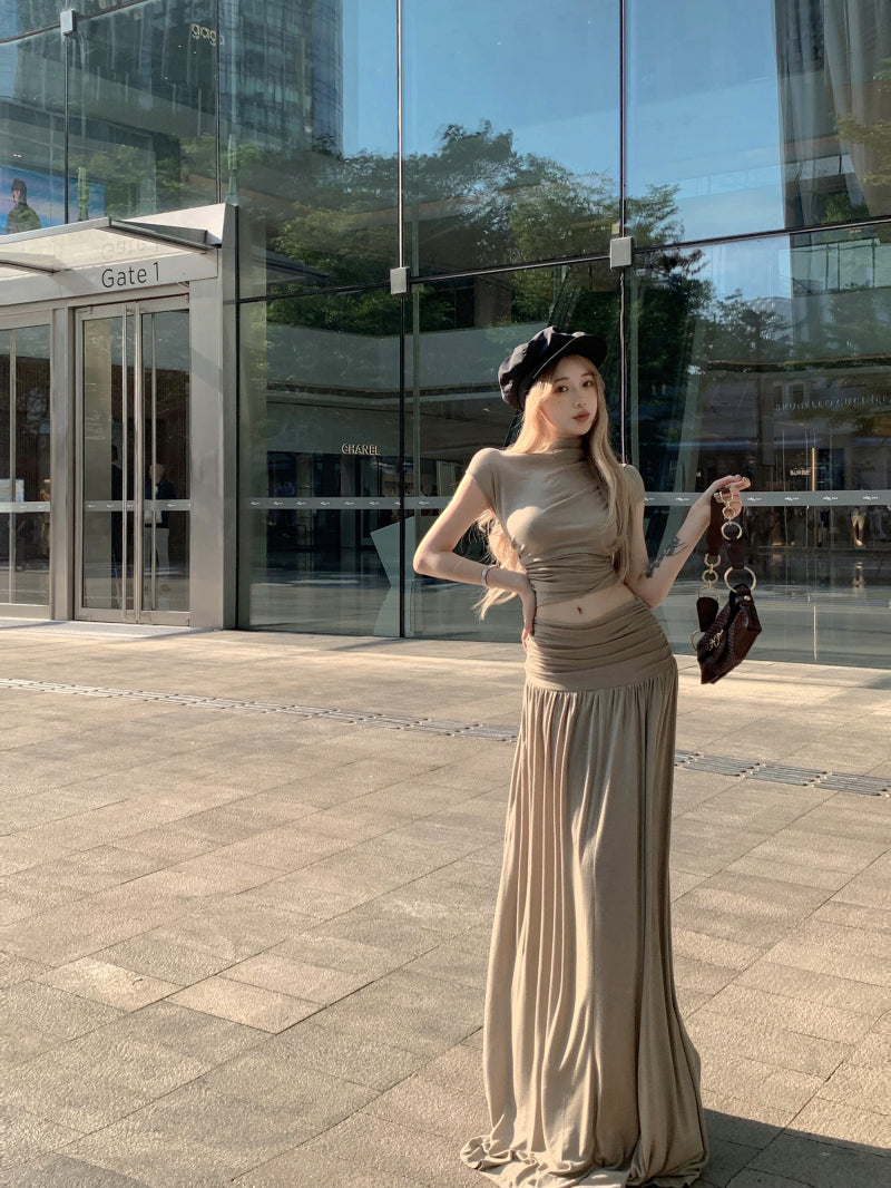 Novelty Two-Piece Set Short Sleeve A-Line Top Maxi Skirt Classical Open-Waist Ruched Long Dress AP1970