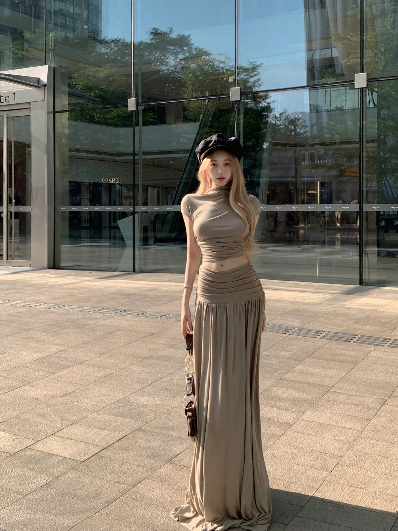 Novelty Two-Piece Set Short Sleeve A-Line Top Maxi Skirt Classical Open-Waist Ruched Long Dress AP1970