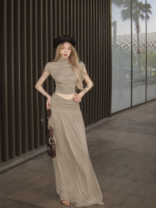 Novelty Two-Piece Set Short Sleeve A-Line Top Maxi Skirt Classical Open-Waist Ruched Long Dress AP1970