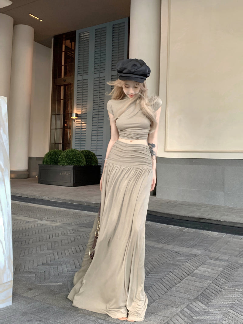 Novelty Two-Piece Set Short Sleeve A-Line Top Maxi Skirt Classical Open-Waist Ruched Long Dress AP1970