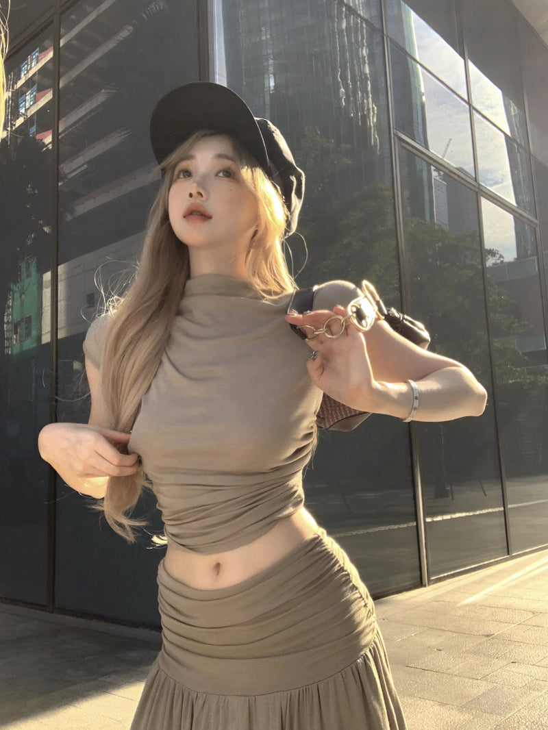 Novelty Two-Piece Set Short Sleeve A-Line Top Maxi Skirt Classical Open-Waist Ruched Long Dress AP1970