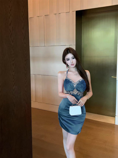 Exquisite Sparkling Rhinestone Design Mini Skirt Hot Girls Parties Outfit Sheath Beading Halter Short Dress AP1971