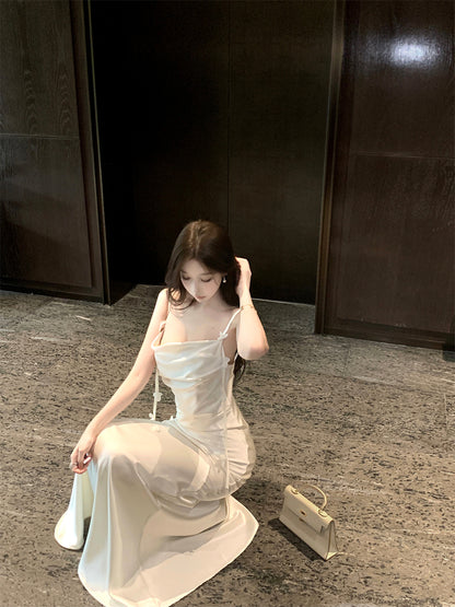 Ethereal Cream 3D Flower Accent Maxi Dress Elegant Sheath Mermiad Cowl Neck Spaghetti Straps Long Dress AP1972