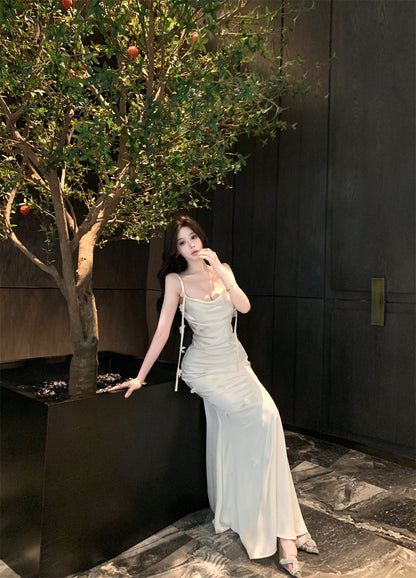 Ethereal Cream 3D Flower Accent Maxi Dress Elegant Sheath Mermiad Cowl Neck Spaghetti Straps Long Dress AP1972