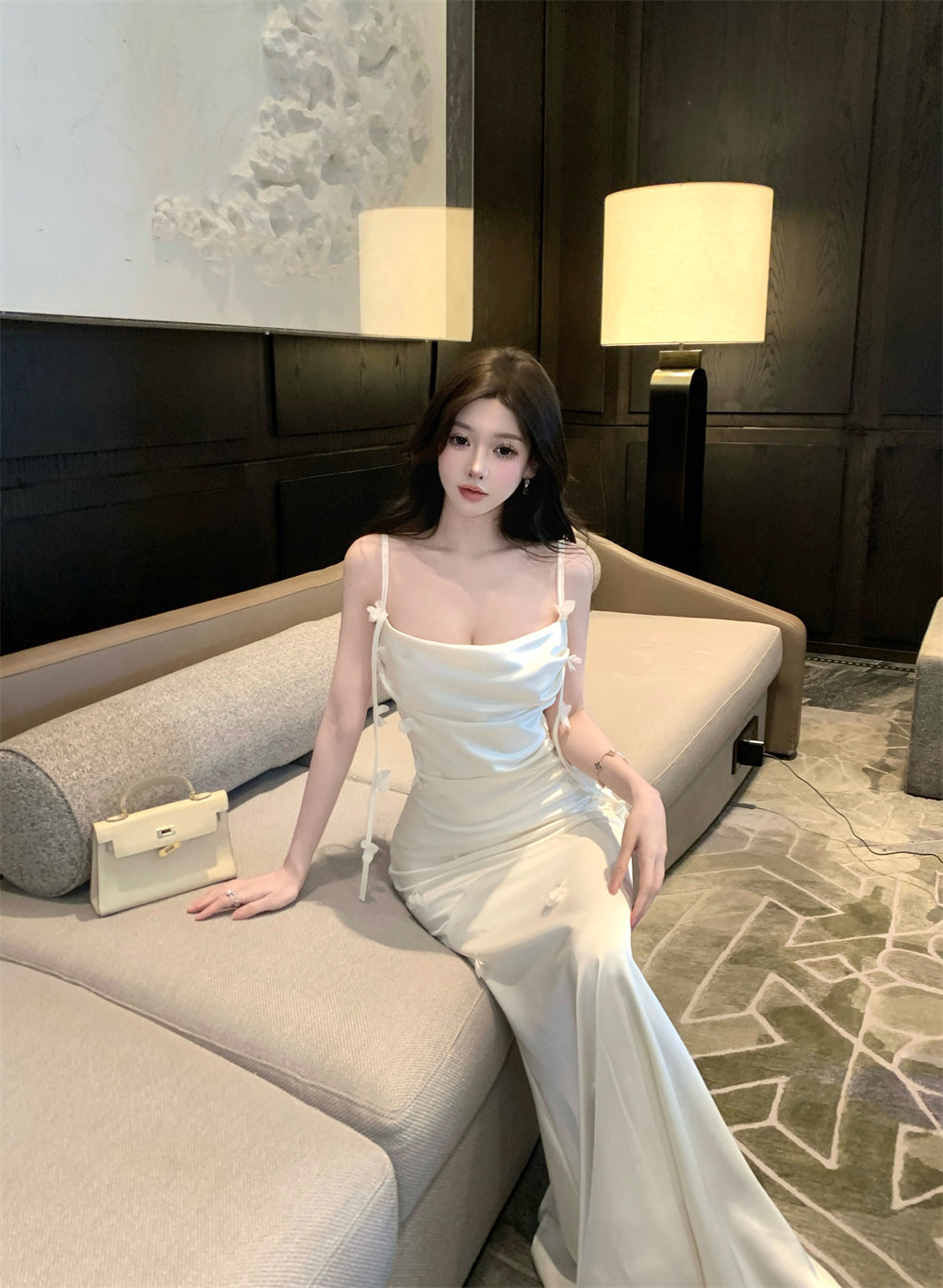 Ethereal Cream 3D Flower Accent Maxi Dress Elegant Sheath Mermiad Cowl Neck Spaghetti Straps Long Dress AP1972