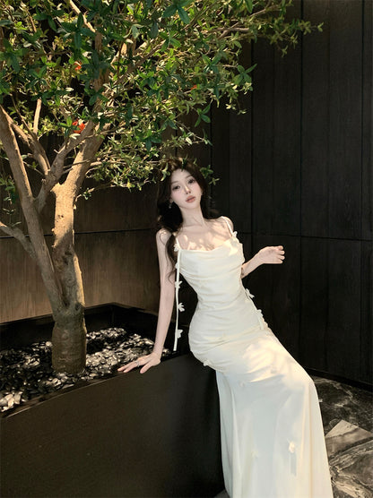 Ethereal Cream 3D Flower Accent Maxi Dress Elegant Sheath Mermiad Cowl Neck Spaghetti Straps Long Dress AP1972