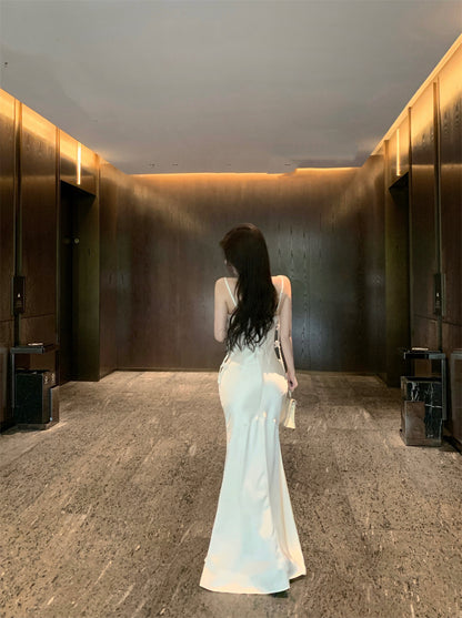 Ethereal Cream 3D Flower Accent Maxi Dress Elegant Sheath Mermiad Cowl Neck Spaghetti Straps Long Dress AP1972