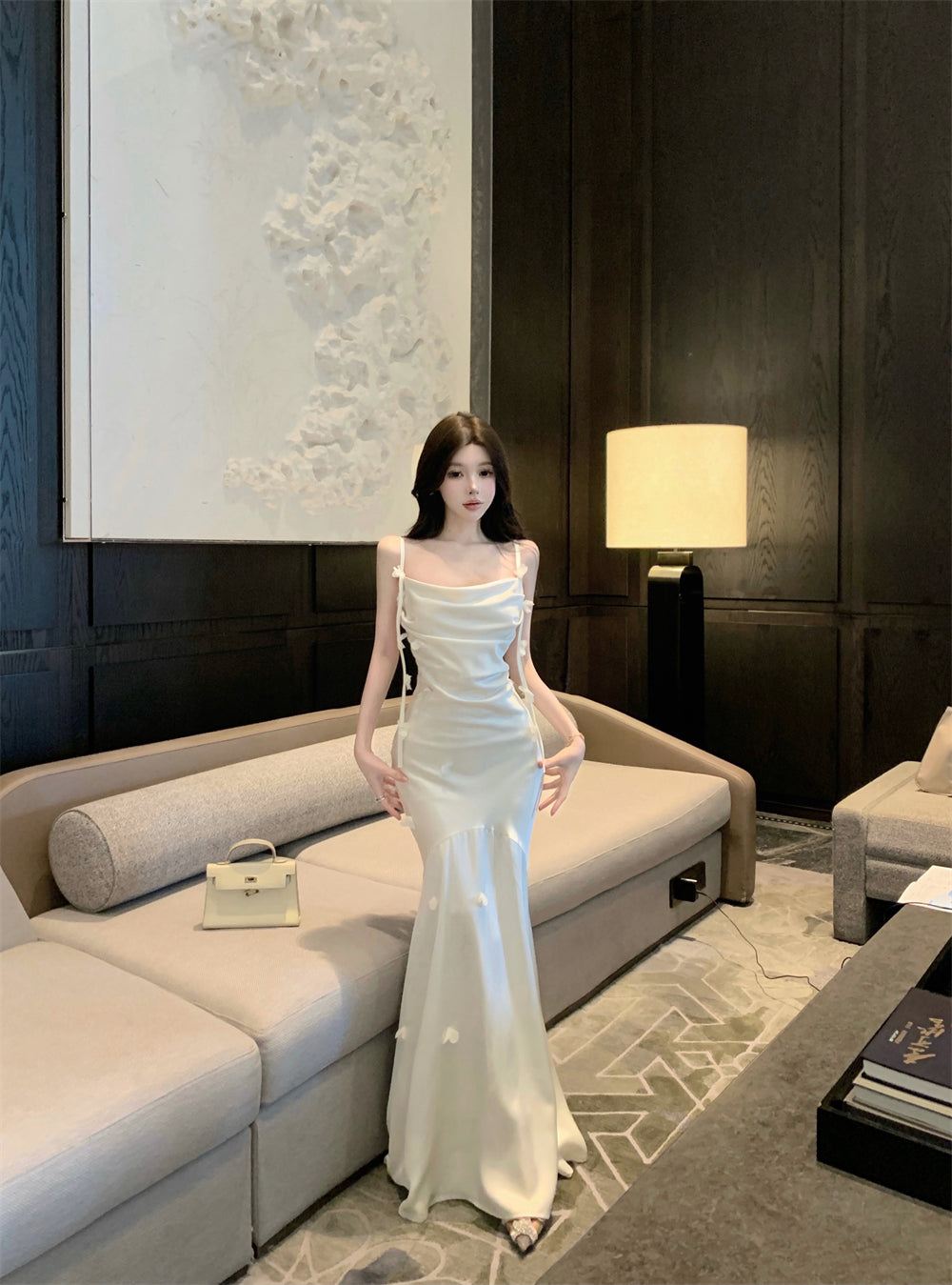 Ethereal Cream 3D Flower Accent Maxi Dress Elegant Sheath Mermiad Cowl Neck Spaghetti Straps Long Dress AP1972