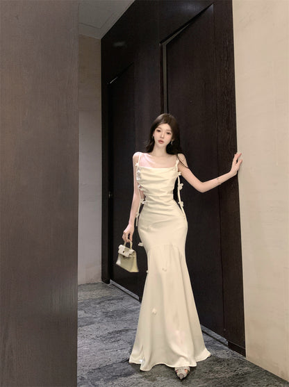 Ethereal Cream 3D Flower Accent Maxi Dress Elegant Sheath Mermiad Cowl Neck Spaghetti Straps Long Dress AP1972