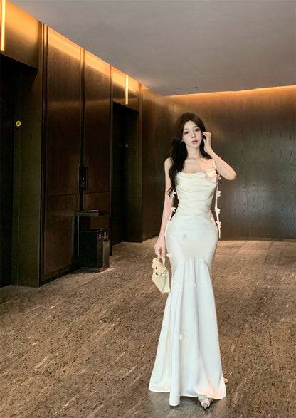 Ethereal Cream 3D Flower Accent Maxi Dress Elegant Sheath Mermiad Cowl Neck Spaghetti Straps Long Dress AP1972