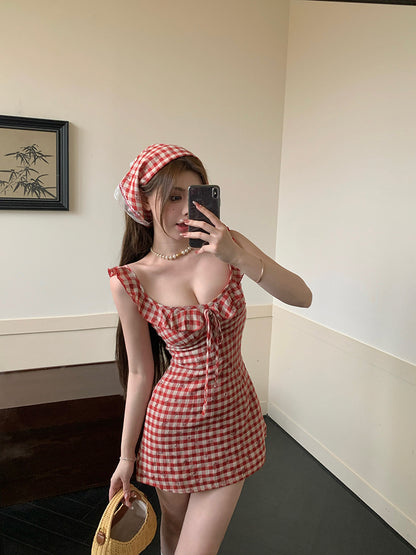 Glamorous Red Plaid Print Mini Dress With Scarf Gen Z Hot Girls Ruffles Trimmed Neckline Short Dress AP1973