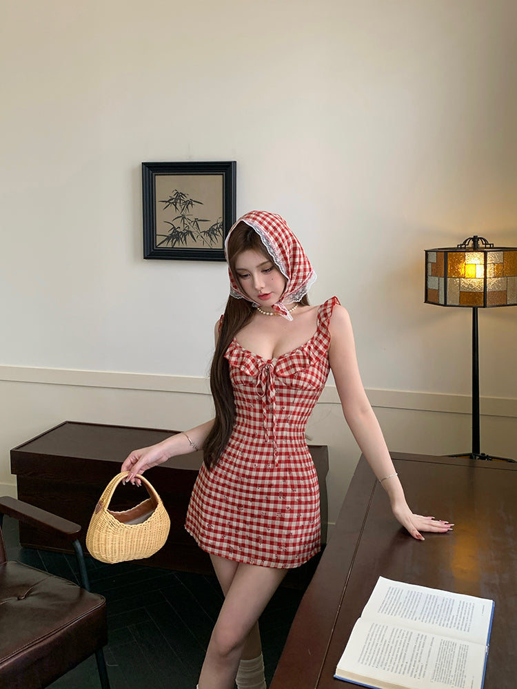 Glamorous Red Plaid Print Mini Dress With Scarf Gen Z Hot Girls Ruffles Trimmed Neckline Short Dress AP1973
