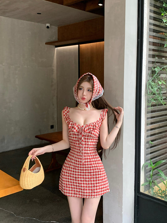 Glamorous Red Plaid Print Mini Dress With Scarf Gen Z Hot Girls Ruffles Trimmed Neckline Short Dress AP1973