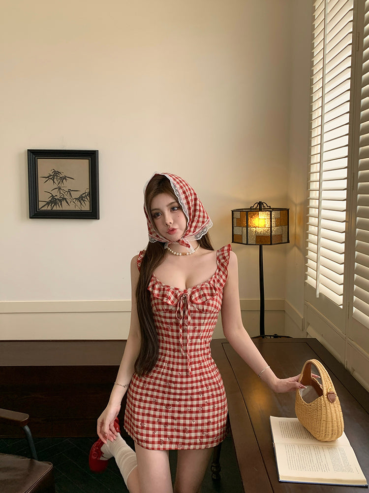 Glamorous Red Plaid Print Mini Dress With Scarf Gen Z Hot Girls Ruffles Trimmed Neckline Short Dress AP1973