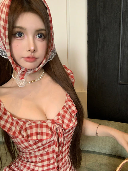 Glamorous Red Plaid Print Mini Dress With Scarf Gen Z Hot Girls Ruffles Trimmed Neckline Short Dress AP1973