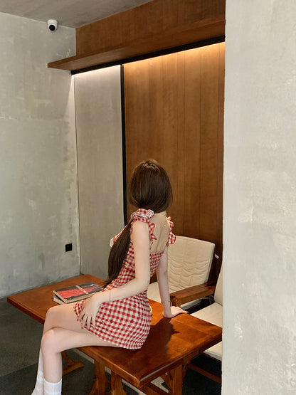 Glamorous Red Plaid Print Mini Dress With Scarf Gen Z Hot Girls Ruffles Trimmed Neckline Short Dress AP1973