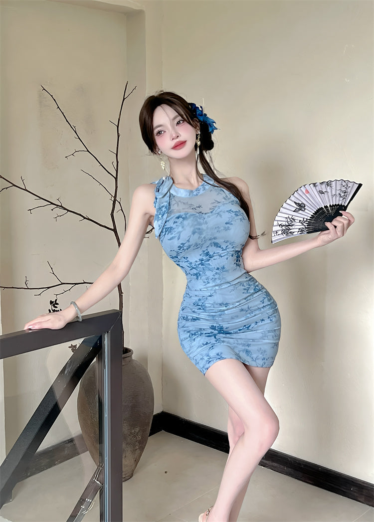 Retro Light Blue Sheer Mesh Bodycon Mini Skirt Vogue Floral Print Social Gatherings Halter Short Dress AP1974