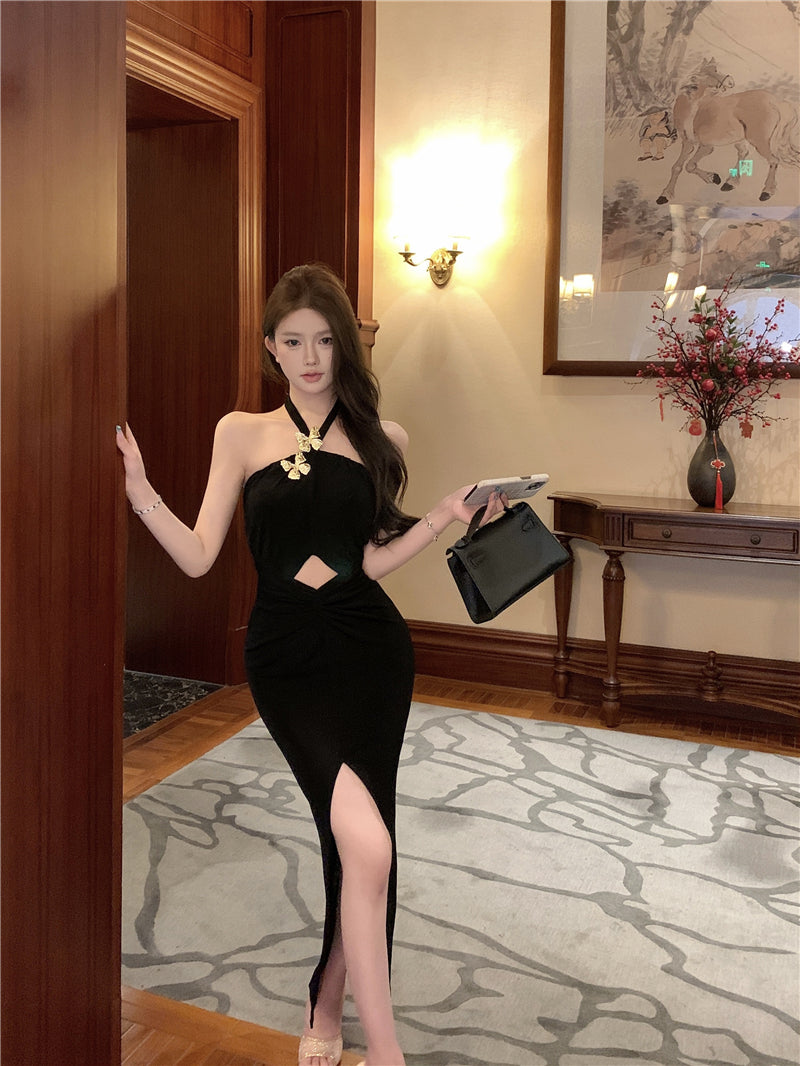 Graceful Glittering Butterflies Design Black Maxi Skirt Casual Cinched-Waist Cutout High-Slit Halter Long Dress AP1975